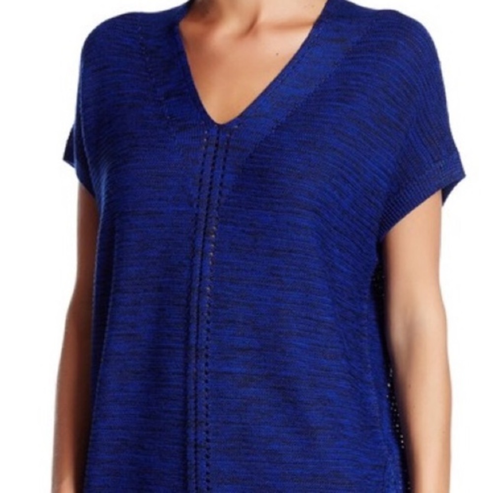 Vince. Cap Sleeves Blue and Black Heathered Open Knit V-neck Sweater Size S